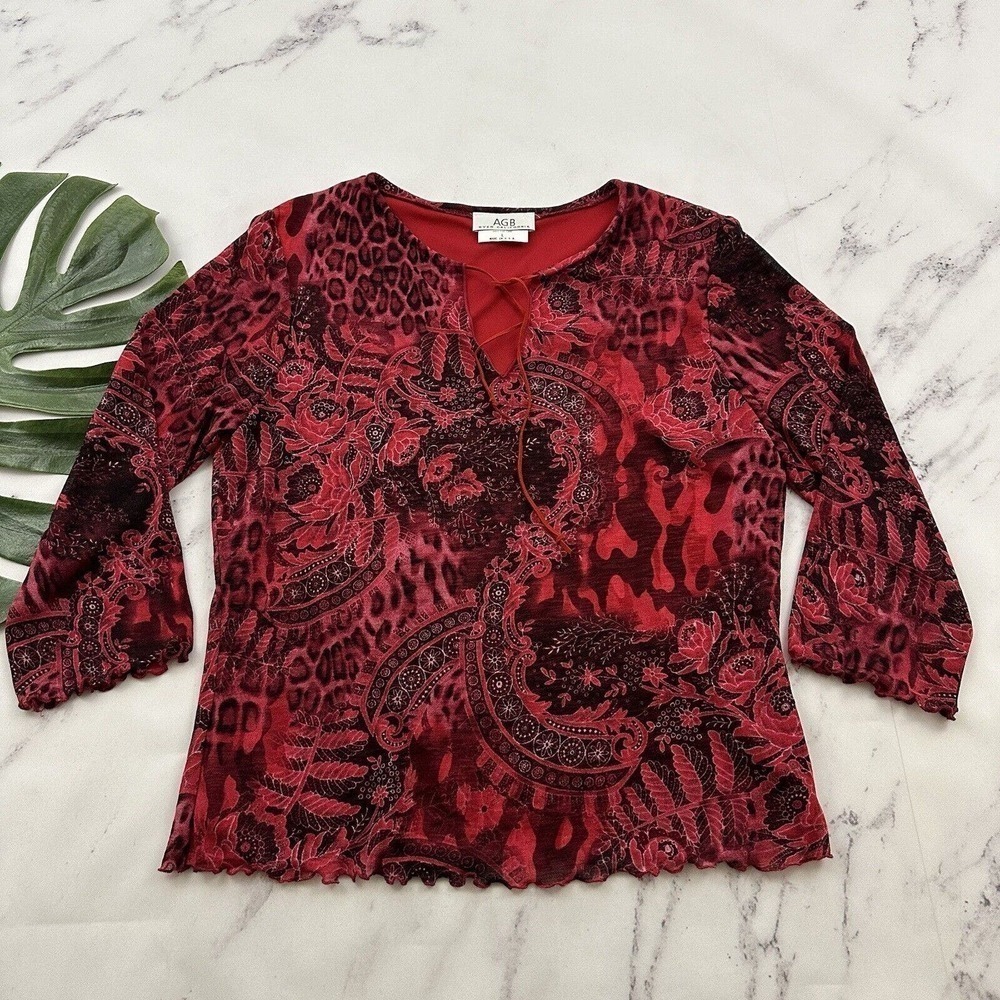 AGB Womens Vintage Y2k Mesh Knit Top Size L Red Pink Paisley Floral Boho